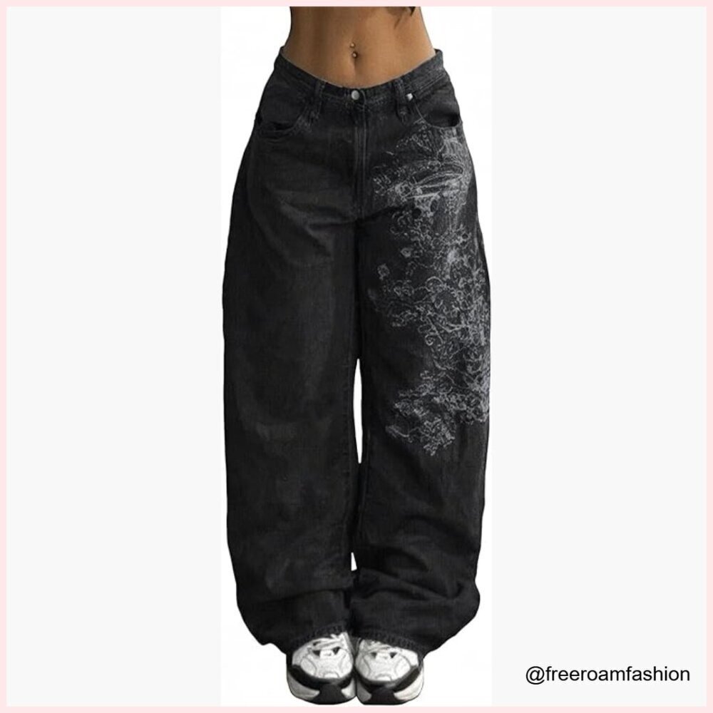 Y2K Baggy Barrel Jeans Mid-Low Waist Vintage Grunge Denim Pants Streetwear